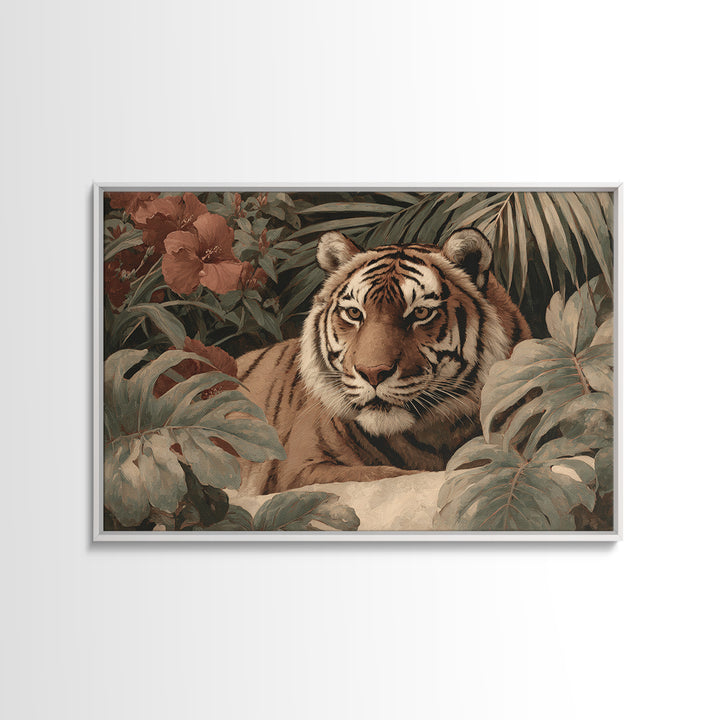 Bold Patterned Tiger Surrounded by Tropical Leaves Canvas Print, Maximalist Art, Modern Wall Art, Living Room Decor, Maximal, MAX-3x2-30