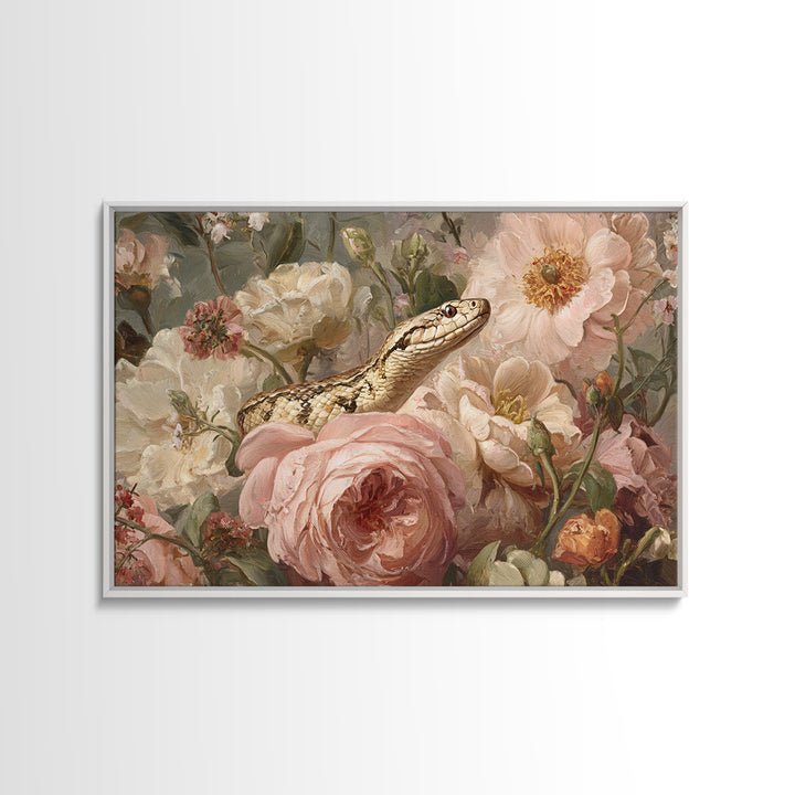 Highly Patterned Snake and Flower Composition Framed Canvas Print, Maximalist Art, Trendy Wall Art, Living Room Decor, Maximal, MAX-3x2-41