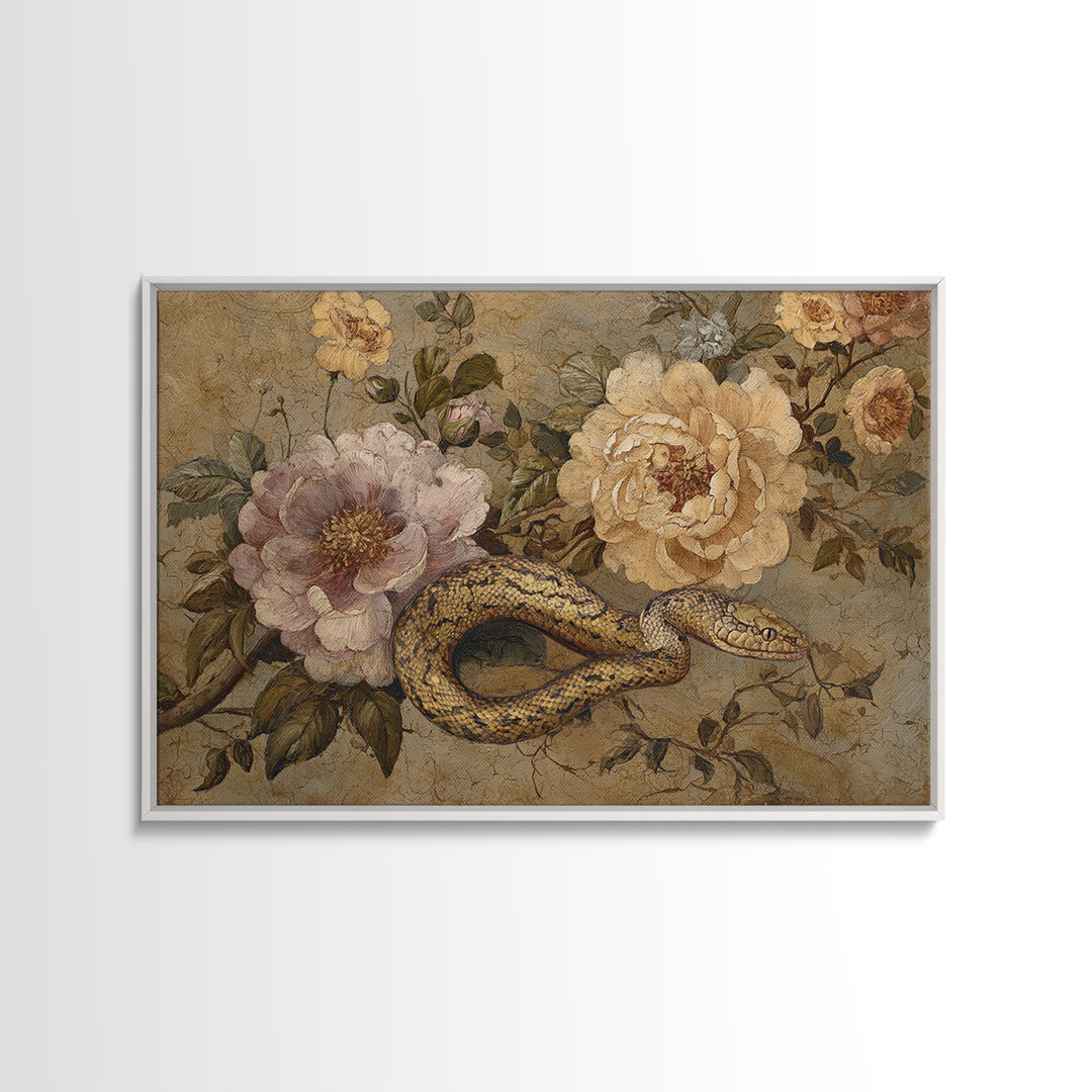 Highly Patterned Snake and Flower Composition Framed Canvas Print, Maximalist Art, Trendy Wall Art, Living Room Decor, Maximal, MAX-3x2-65