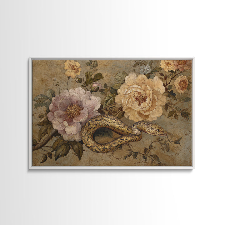 Highly Patterned Snake and Flower Composition Framed Canvas Print, Maximalist Art, Trendy Wall Art, Living Room Decor, Maximal, MAX-3x2-65