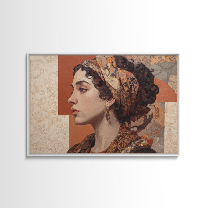 Ornate Portrait with Layered Textiles and Jewels Canvas Print, Maximalist Art, Unique Wall Art, Living Room Decor, Maximal, MAX-3x2-8