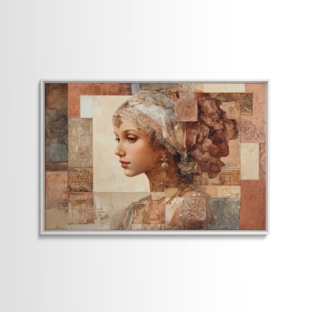 Ornate Portrait with Layered Textiles and Jewels Framed Canvas Print, Maximalist Art, Home Decor, Living Room Decor, Maximal, MAX-3x2-80