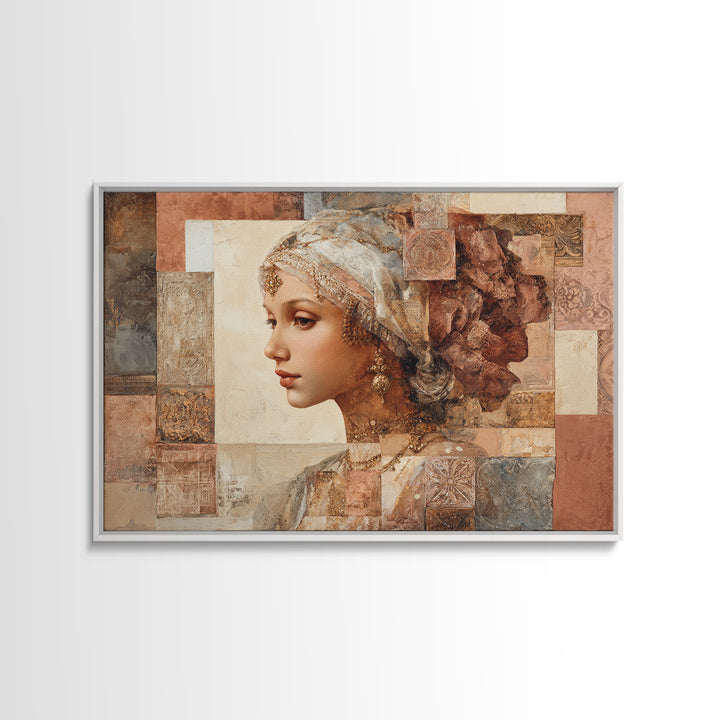 Ornate Portrait with Layered Textiles and Jewels Framed Canvas Print, Maximalist Art, Home Decor, Living Room Decor, Maximal, MAX-3x2-80