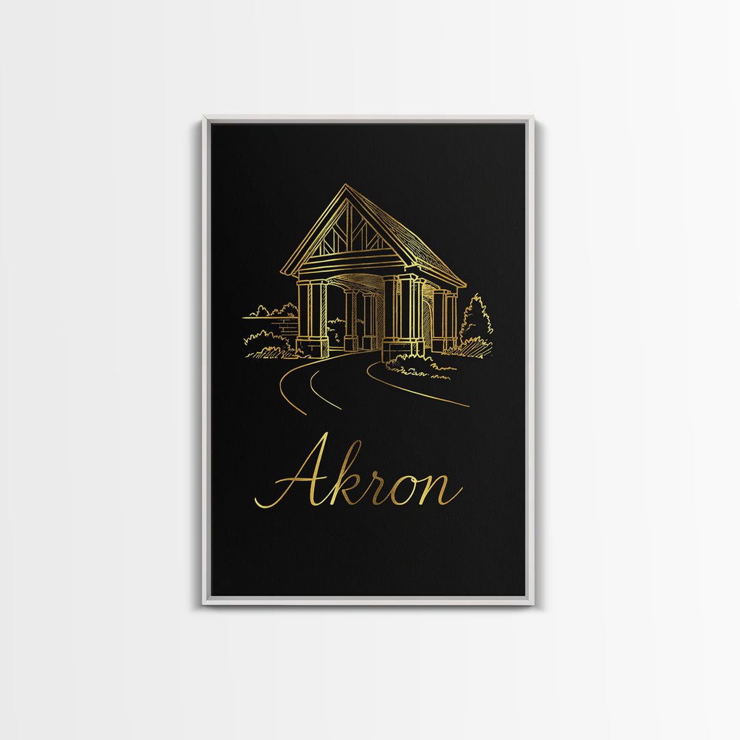 Akron Travel Poster, Framed Canvas Print, Minimalist Gold Line Art, Akron Travel Art, Travel Art Print, Retro Travel Print, Fine Art Print