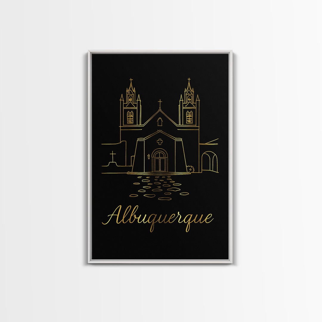 Albuquerque Travel Poster, Framed Canvas Print, Gold Outline Poster Art, Albuquerque Travel Art, Travel Wall Art, Wanderlust Decor