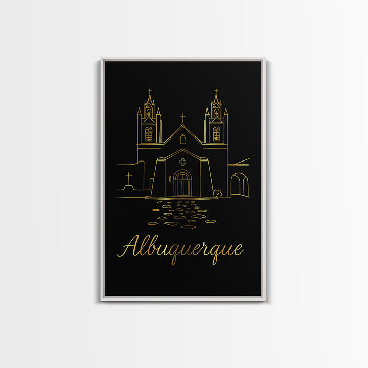 Albuquerque Travel Poster, Framed Canvas Print, Gold Outline Poster Art, Albuquerque Travel Art, Travel Wall Art, Wanderlust Decor