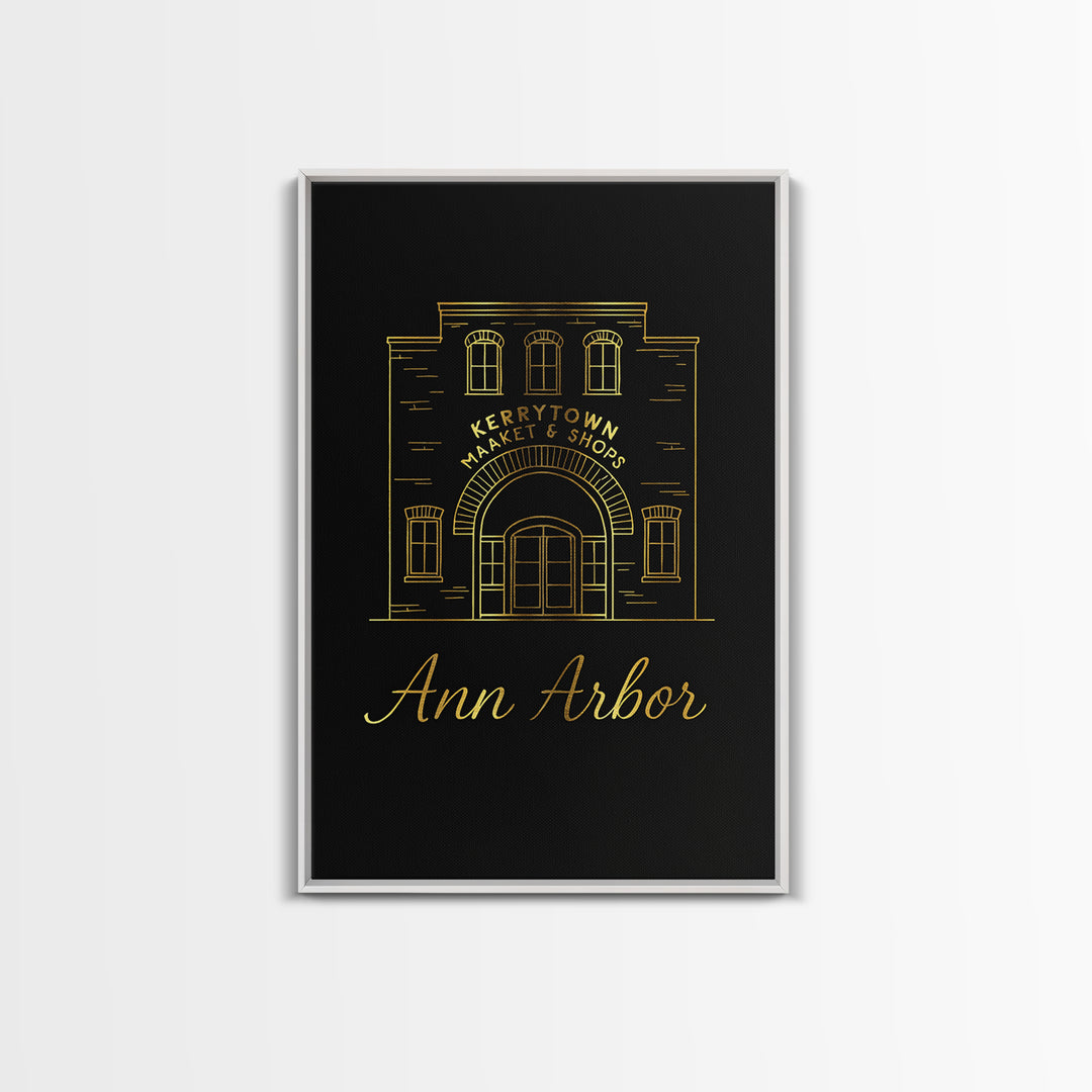 Ann Arbor Travel Poster, Framed Canvas Print, Minimalist Gold Line Art, Ann Arbor Wall Art, Retro Travel Print, Travel Wall Decor