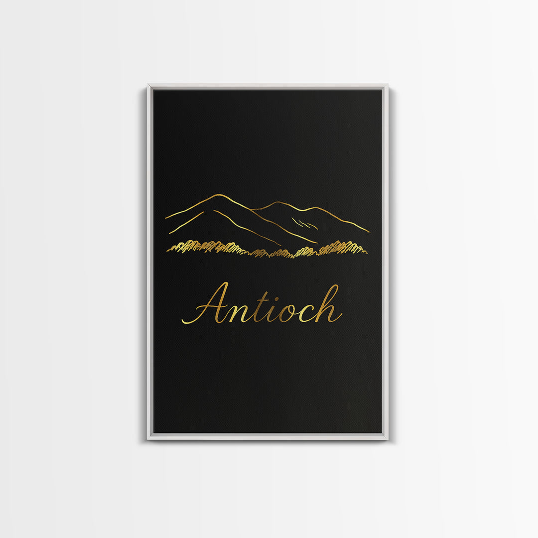 Antioch Travel Poster, Framed Canvas Print, Minimalist Gold Line Art, Antioch Travel Art, Watercolor Cityscape, Travel Poster Art