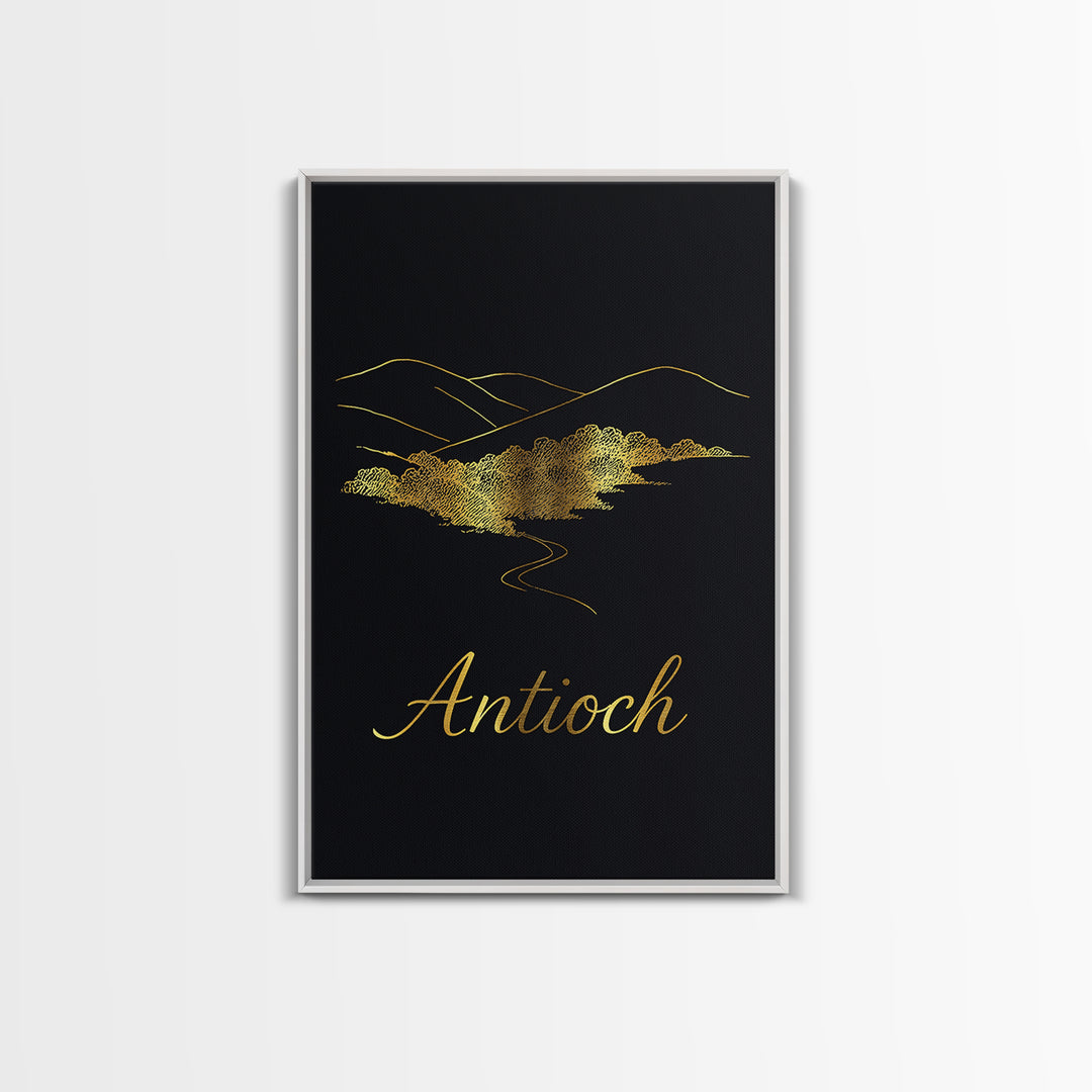 Antioch Travel Poster, Framed Canvas Print, Minimalist Gold Line Art, Antioch Poster Print, Retro Travel Print, Vintage City Art