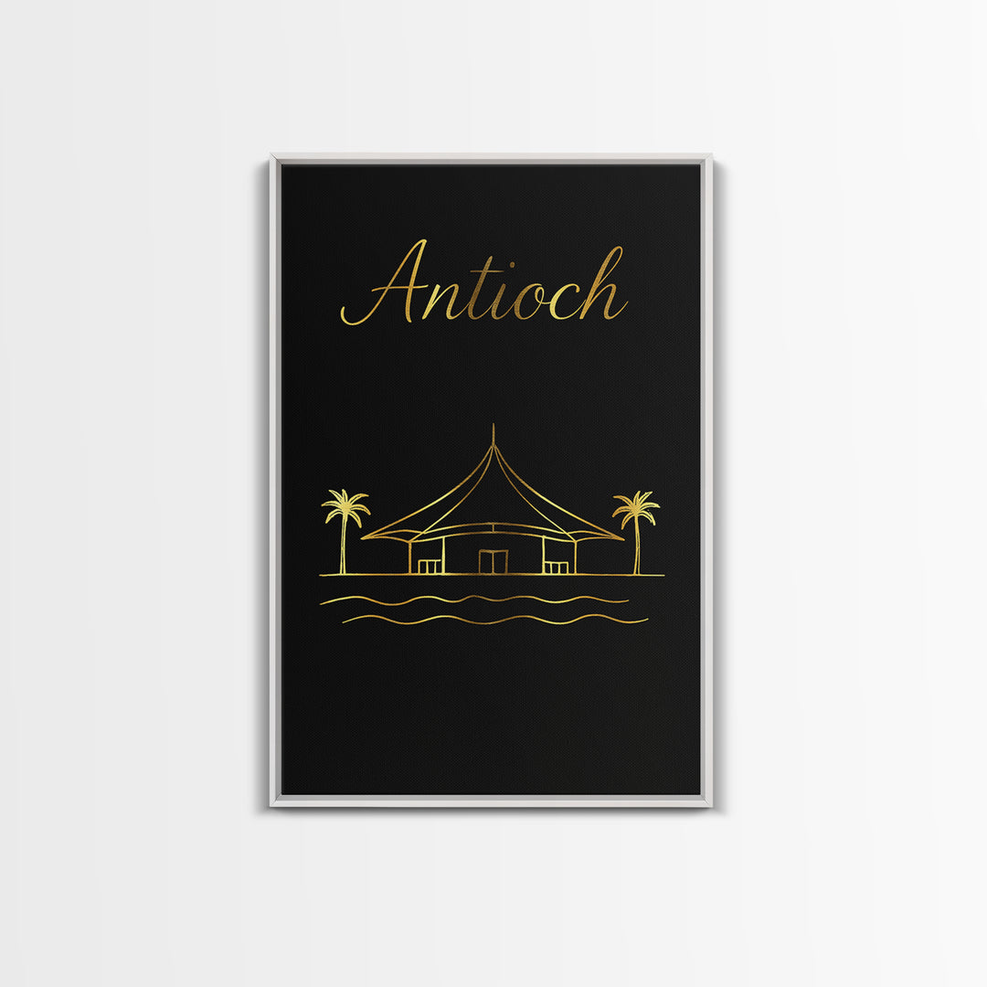 Antioch Travel Poster, Canvas Print, Gold Outline Poster Art, Antioch Travel Art, Watercolor Urban Skyline, Mid Century Wall Art, Home Decor
