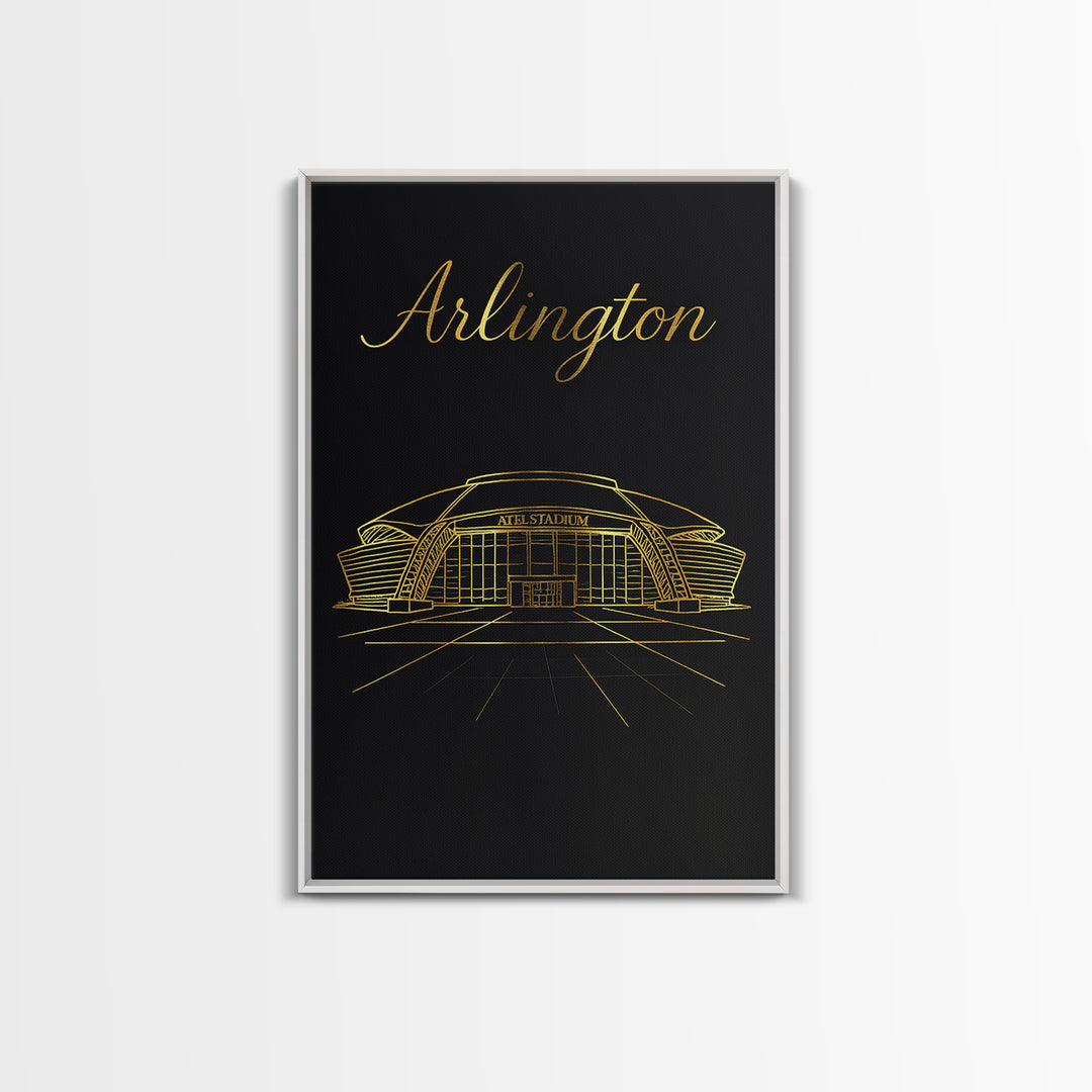 Arlington Texas Travel Poster, Framed Canvas Print, Minimalist Gold Line Art, Arlington Poster Print, Gift For Travelers, Retro Travel Print