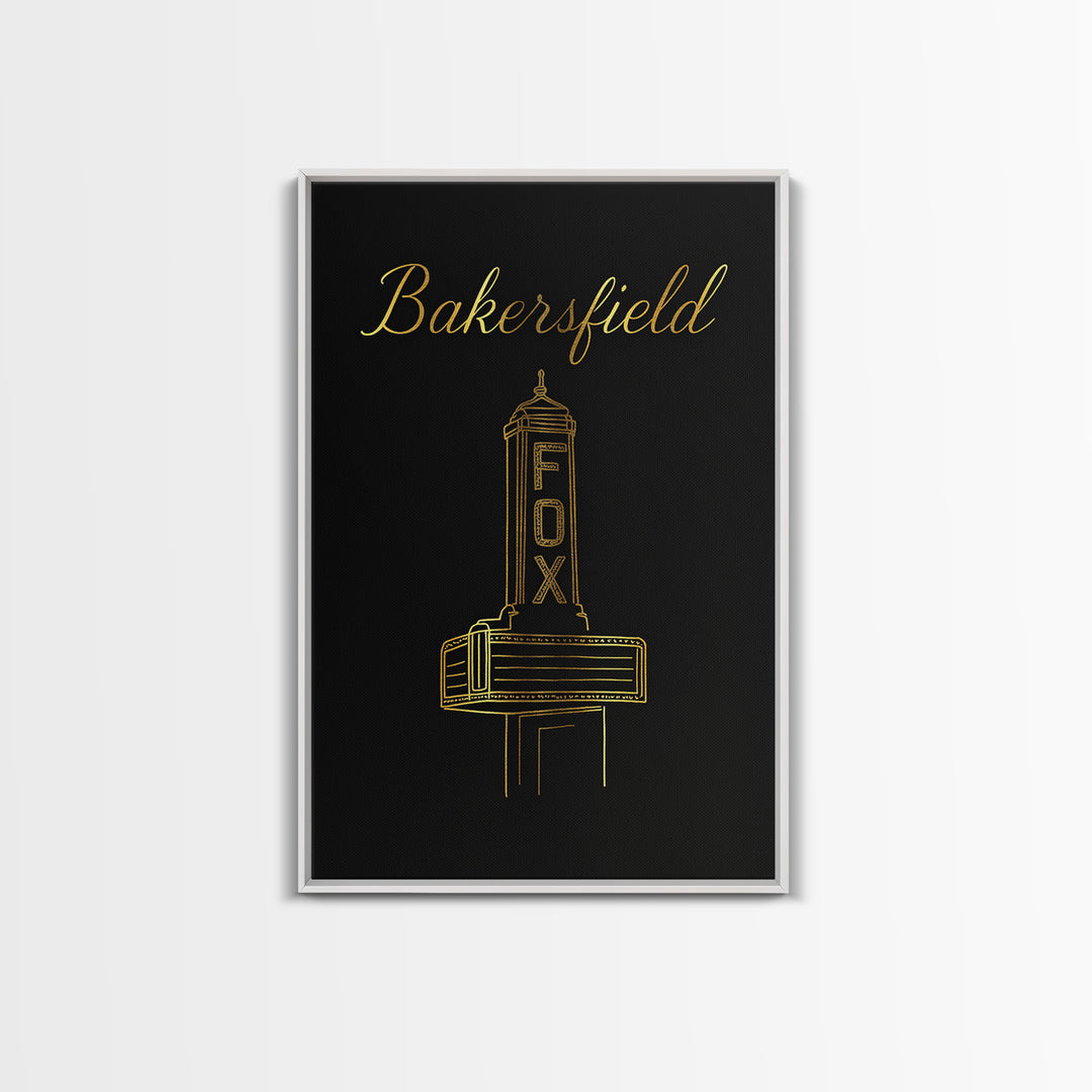 Bakersfield California Travel Poster, Canvas Print, Minimalist Gold Line Art, Bakersfield Travel Art, Watercolor Downtown Skyline