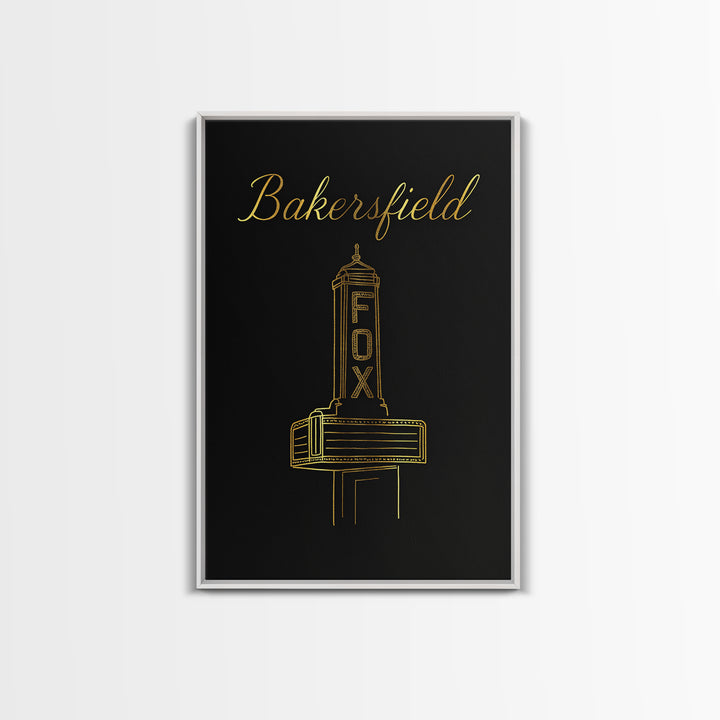 Bakersfield California Travel Poster, Canvas Print, Minimalist Gold Line Art, Bakersfield Travel Art, Watercolor Downtown Skyline