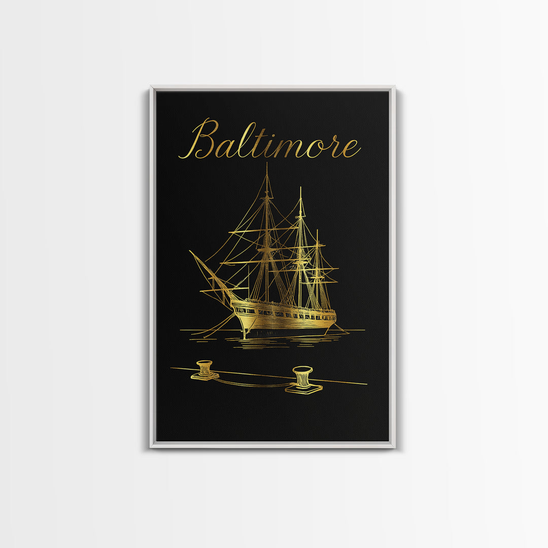 Baltimore Travel Poster, Canvas Print, Black Gold Minimalist Art, Baltimore Travel Art, Living Room Wall Art, Retro Travel Print