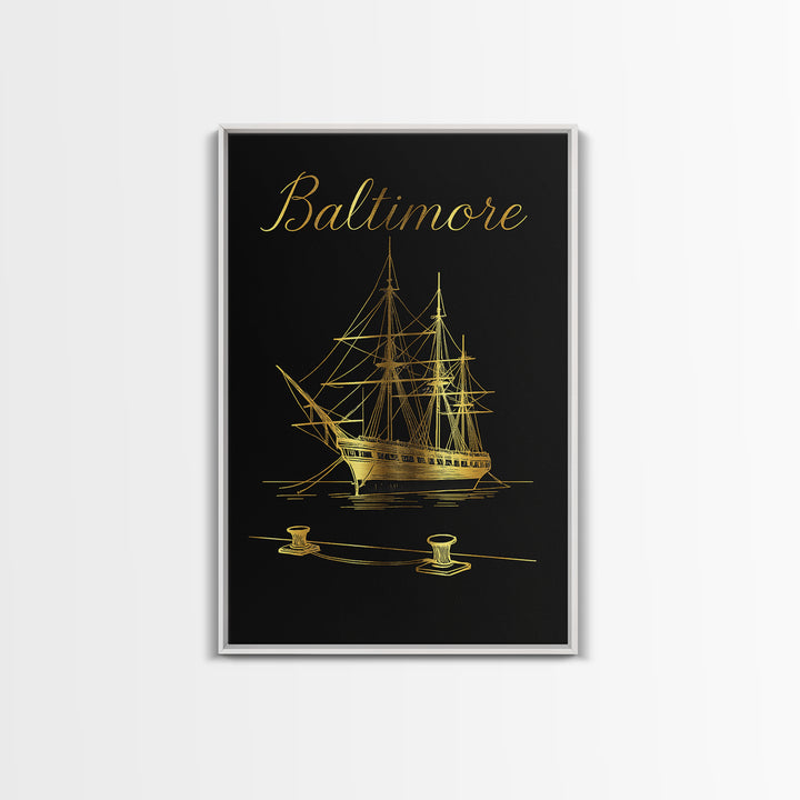 Baltimore Travel Poster, Canvas Print, Black Gold Minimalist Art, Baltimore Travel Art, Living Room Wall Art, Retro Travel Print