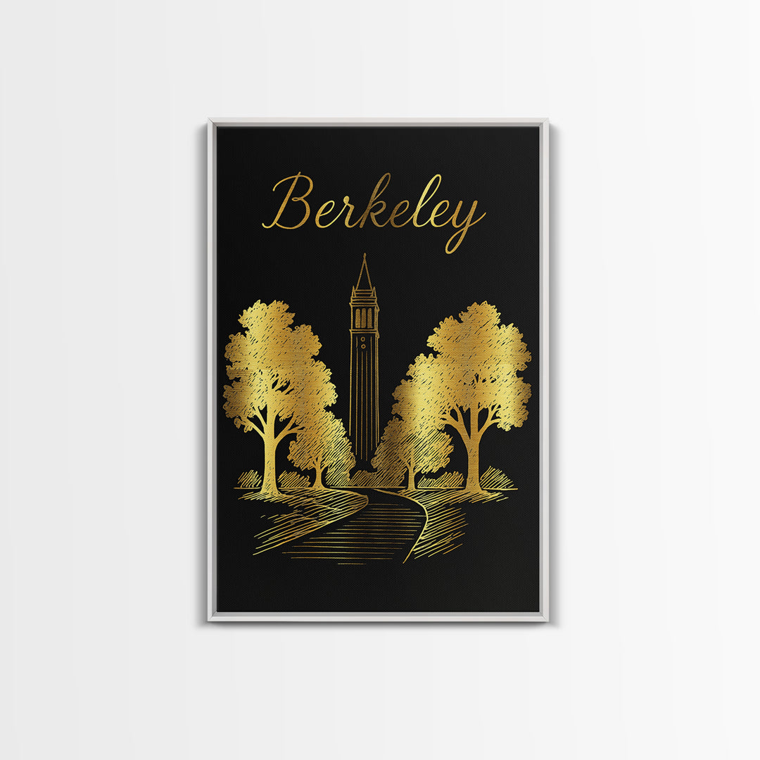 Berkeley Travel Poster, Framed Canvas Print, Minimalist Gold Line Art, Berkeley Wall Art, Watercolor Skyline, Living Room Wall Art