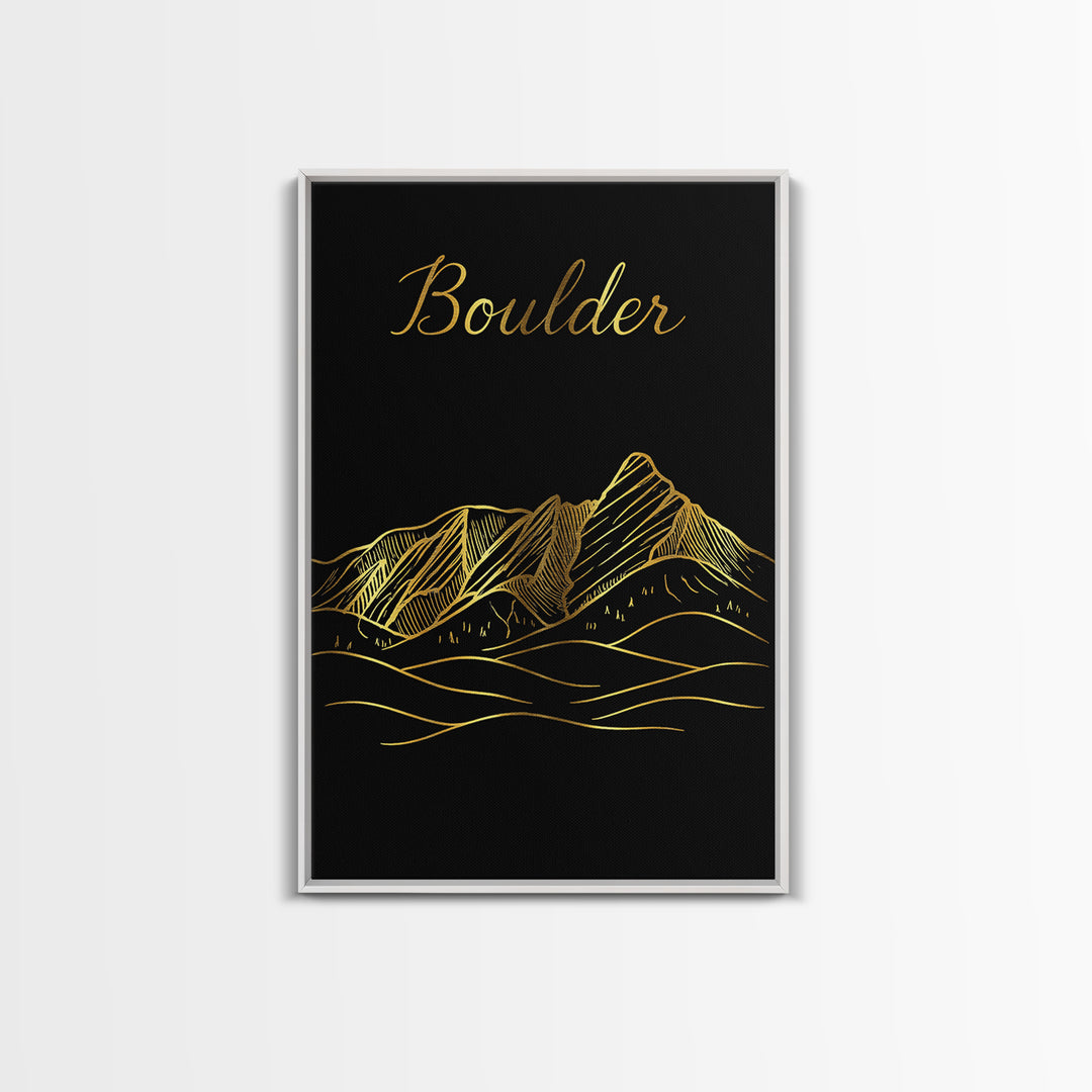Boulder Travel Poster, Canvas Print, Gold Outline Poster Art, Boulder Art Print, Travel Wall Decor, Home Office Decor, Eclectic Wall Decor