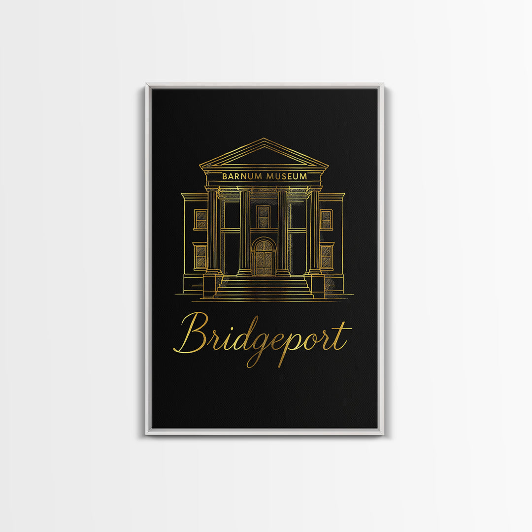 Bridgeport Travel Poster, Framed Canvas Print, Gold Outline Poster Art, Bridgeport Art Print, Mid Century Wall Art, Vintage City Art