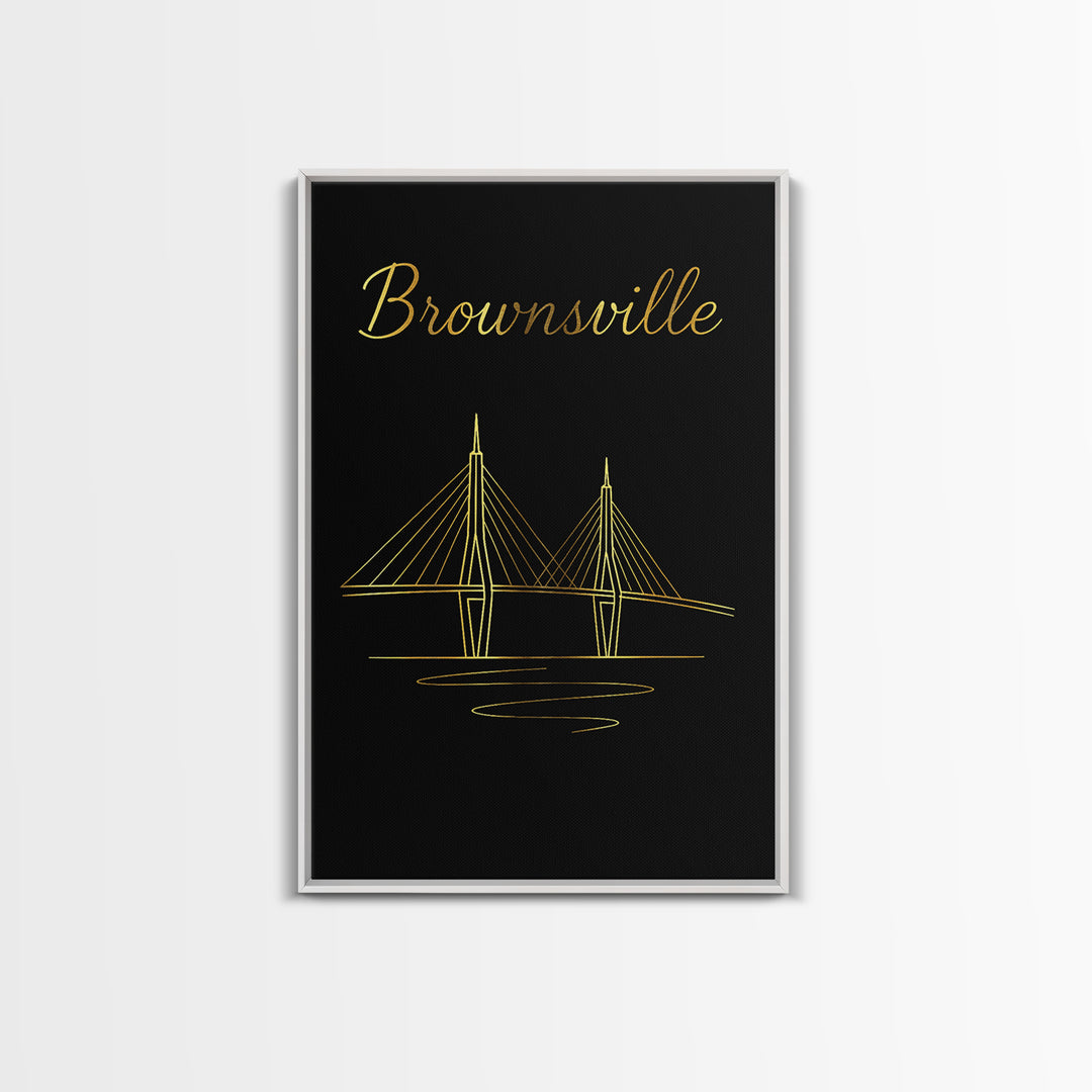 Brownsville Texas Travel Poster, Framed Canvas Print, Gold Outline Poster Art, Brownsville Poster Print, Eclectic Wall Decor, Fine Art Print