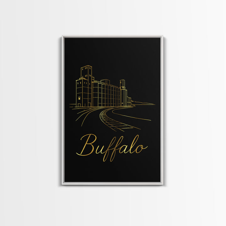 Buffalo Travel Poster, Framed Canvas Print, Gold Outline Poster Art, Buffalo City Art, Mid Century Wall Art, Travel Poster Set