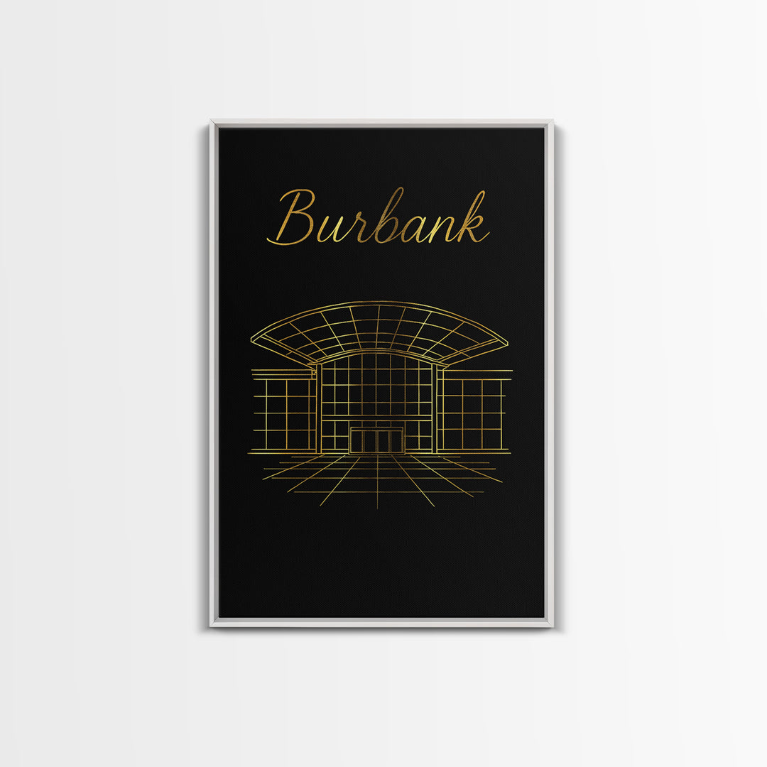 Burbank California Travel Poster, Framed Canvas Print, Gold Outline Poster Art, Burbank Poster Print, Travel Wall Art, Living Room Wall Art