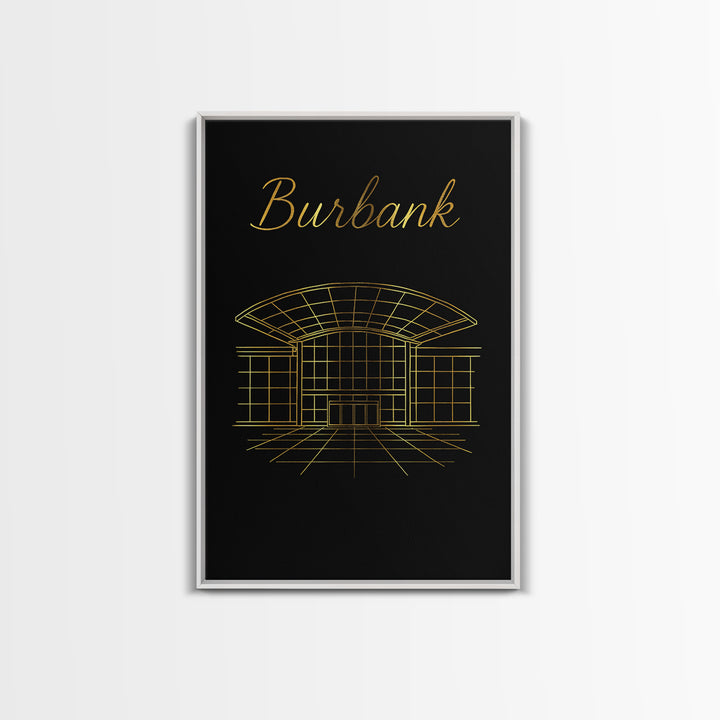 Burbank California Travel Poster, Framed Canvas Print, Gold Outline Poster Art, Burbank Poster Print, Travel Wall Art, Living Room Wall Art