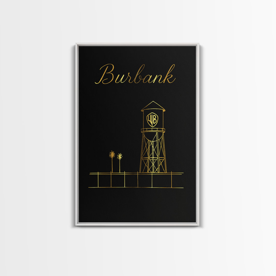Burbank Travel Poster, Framed Canvas Print, Gold Outline Poster Art, Burbank Wall Art, Vintage City Poster, Retro Travel Print