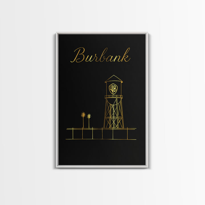 Burbank Travel Poster, Framed Canvas Print, Gold Outline Poster Art, Burbank Wall Art, Vintage City Poster, Retro Travel Print