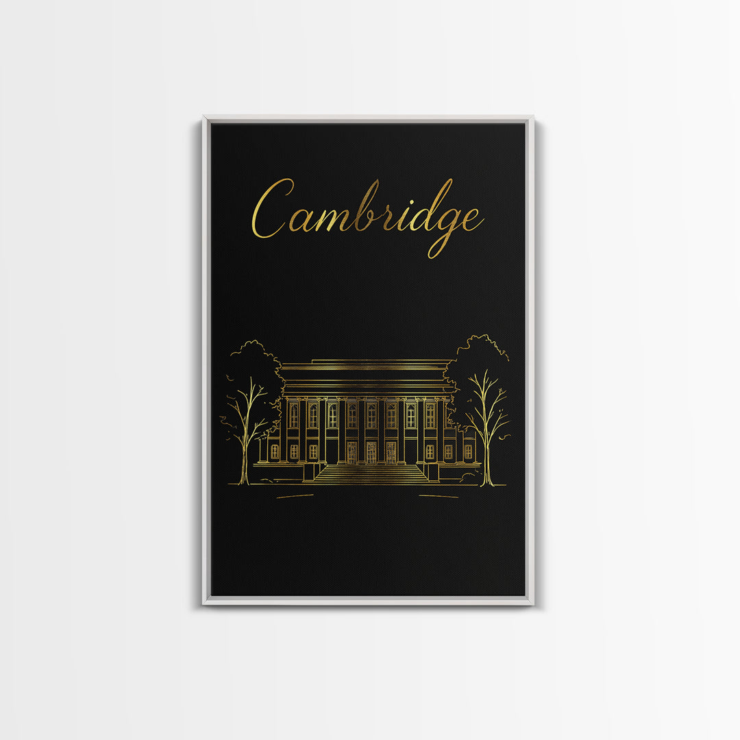 Cambridge Travel Poster, Framed Canvas Print, Black Gold Minimalist Art, Cambridge City Art, Retro Travel Print, Travel Wall Decor