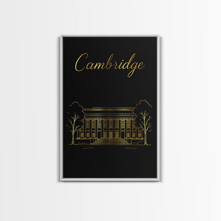 Cambridge Travel Poster, Framed Canvas Print, Black Gold Minimalist Art, Cambridge City Art, Retro Travel Print, Travel Wall Decor