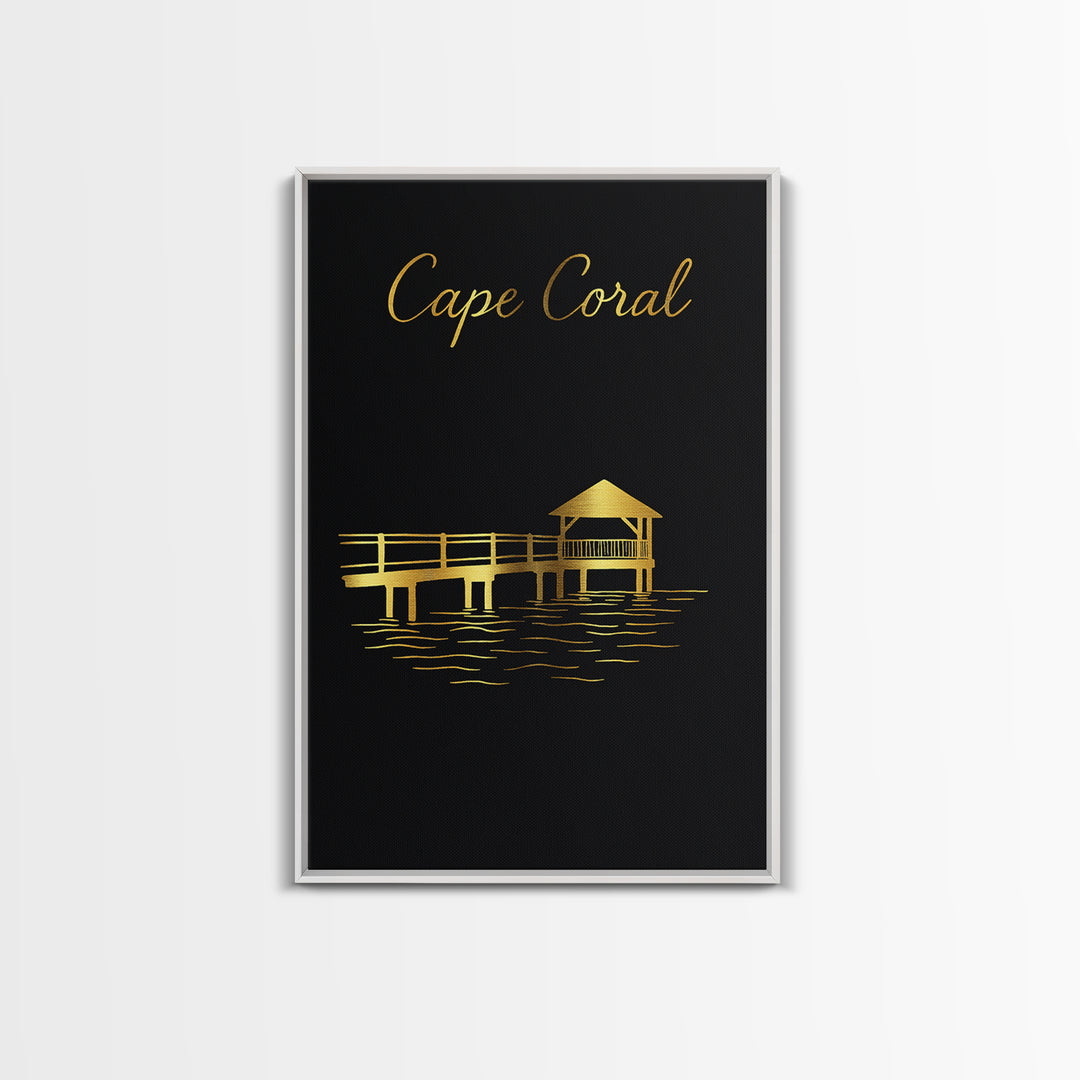 Cape Coral Florida Travel Poster, Canvas Print, Black Gold Minimalist Art, Cape Coral Poster Print, Mid Century Wall Art, Travel Wall Decor