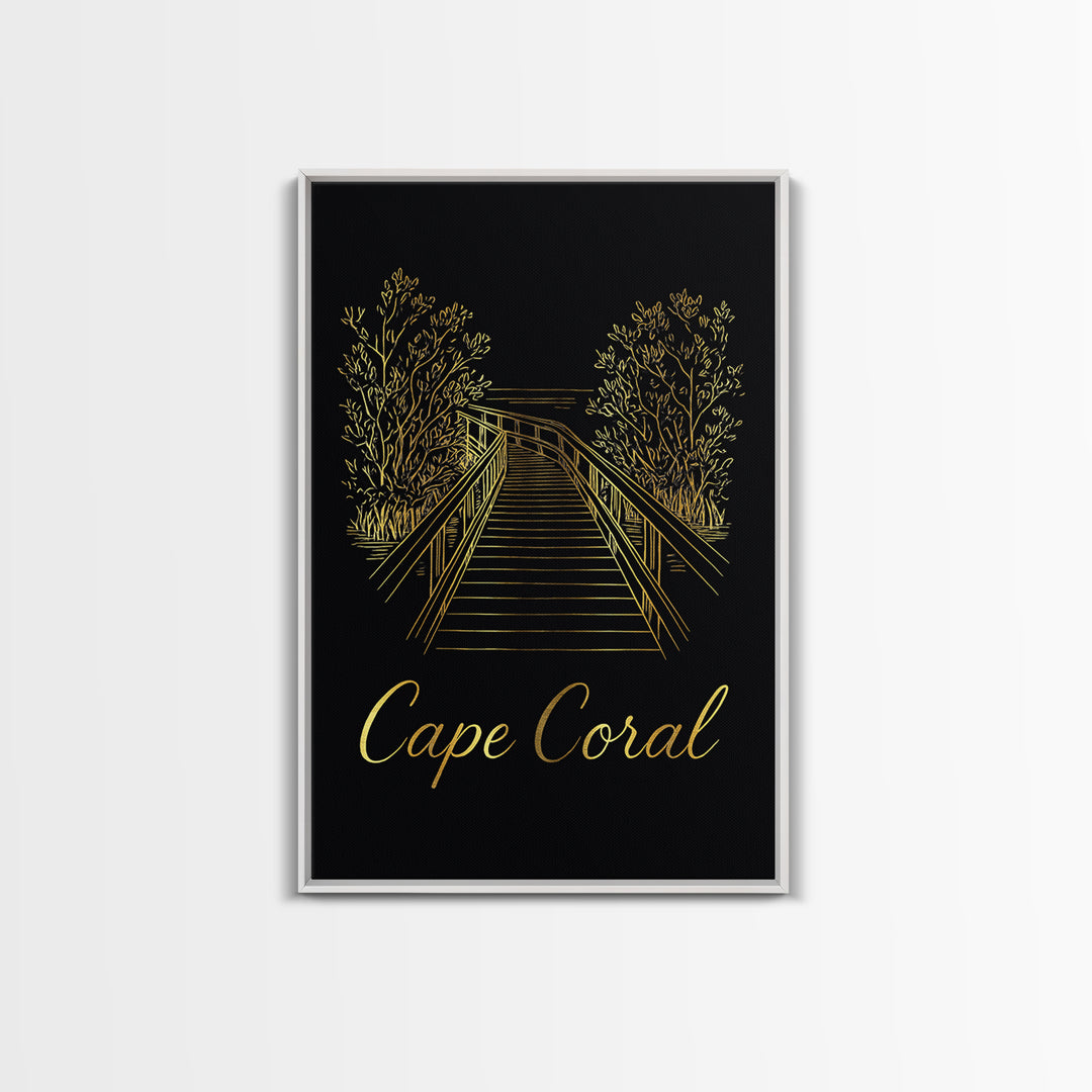 Cape Coral Travel Poster, Framed Canvas Print, Gold Outline Poster Art, Cape Coral Travel Art, Travel Wall Decor, Modern Wall Decor