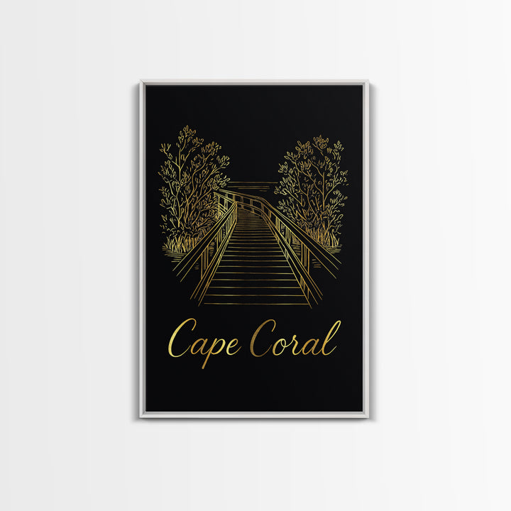 Cape Coral Travel Poster, Framed Canvas Print, Gold Outline Poster Art, Cape Coral Travel Art, Travel Wall Decor, Modern Wall Decor