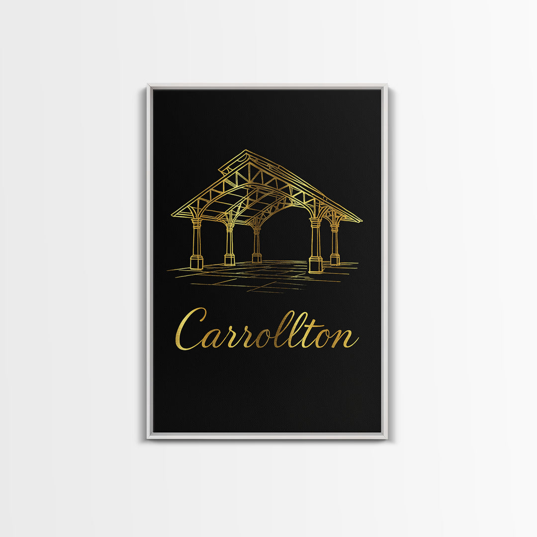 Carrollton Texas Travel Poster, Framed Canvas Print, Dark Minimalist Wall Art, Carrollton City Art, Vintage City Art, Living Room Wall Art