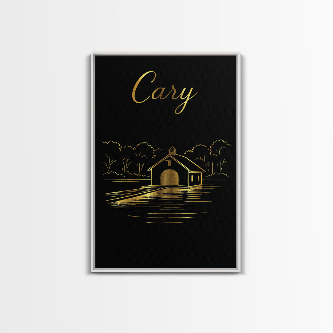 Cary North Carolina Travel Poster, Canvas Print, Gold Outline Poster Art, Cary Wall Art, Vintage City Poster, Skyline Art, Vintage City Art