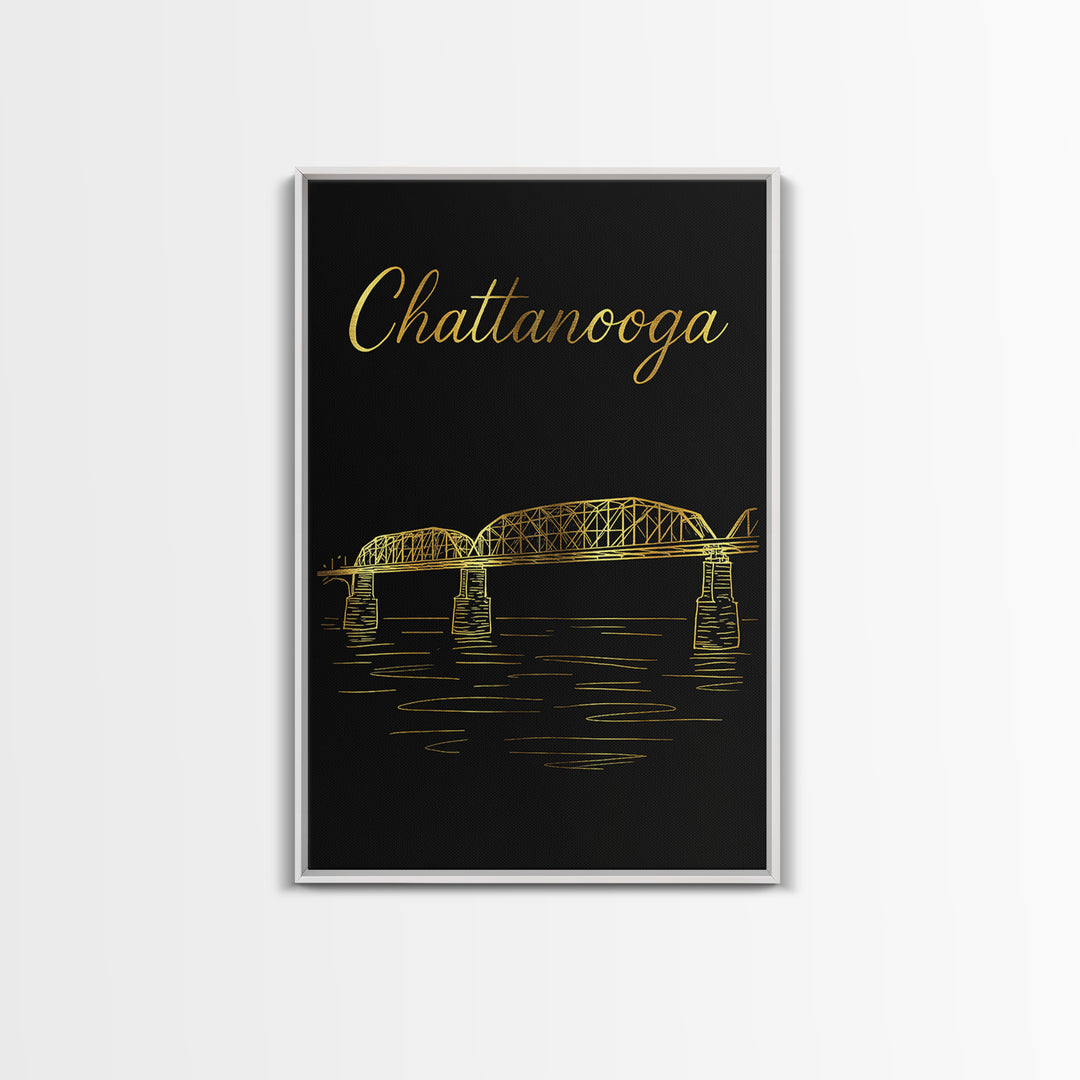 Chattanooga Tennessee Travel Poster, Canvas Print, Gold Outline Poster Art, Chattanooga Wall Art, Mid Century Wall Art, Travel Art Print