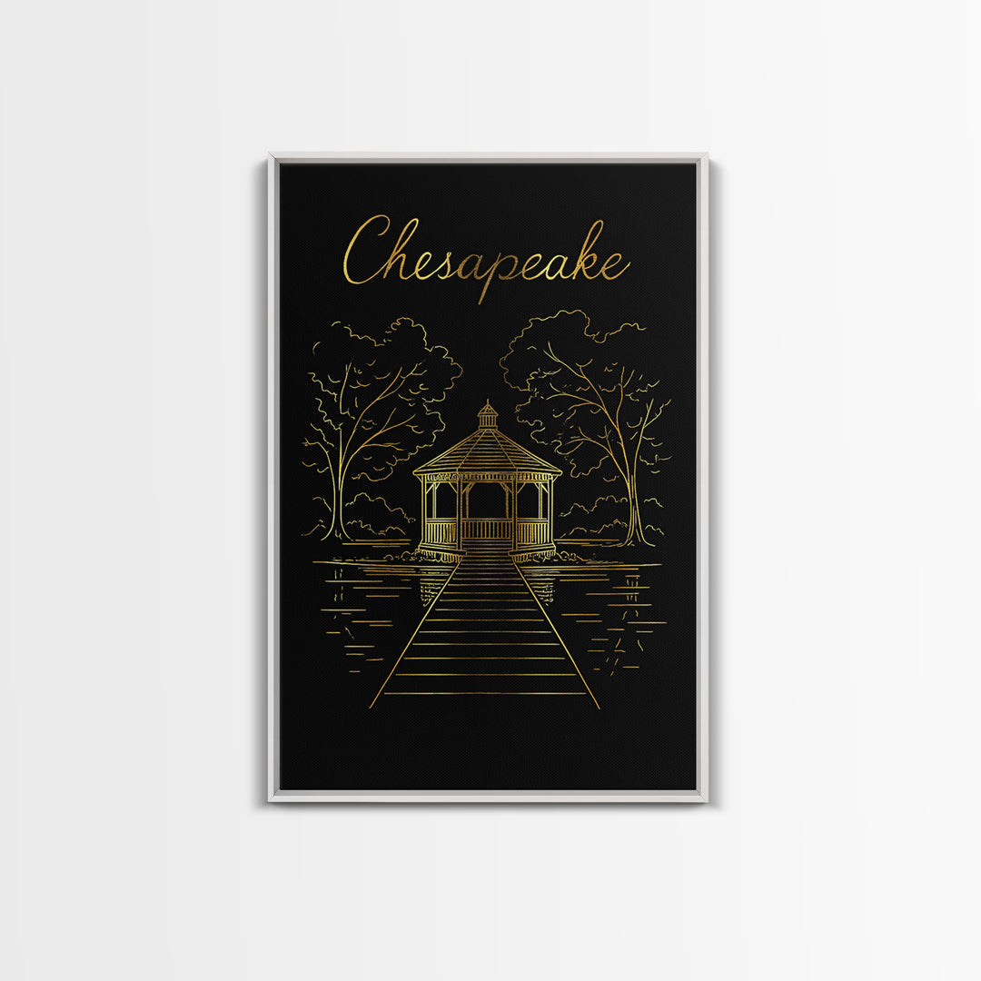 Chesapeake Travel Poster, Framed Canvas Print, Black Gold Minimalist Art, Chesapeake Art Print, Eclectic Wall Decor, Gift For Travelers