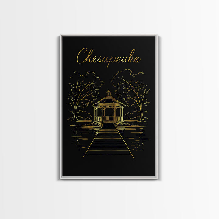 Chesapeake Travel Poster, Framed Canvas Print, Black Gold Minimalist Art, Chesapeake Art Print, Eclectic Wall Decor, Gift For Travelers