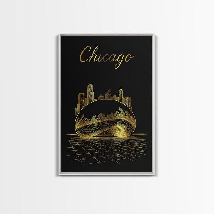 Chicago Illinois Travel Poster, Framed Canvas Print, Gold Outline Poster Art, Chicago Travel Art, Gift For Travelers, Retro Travel Print