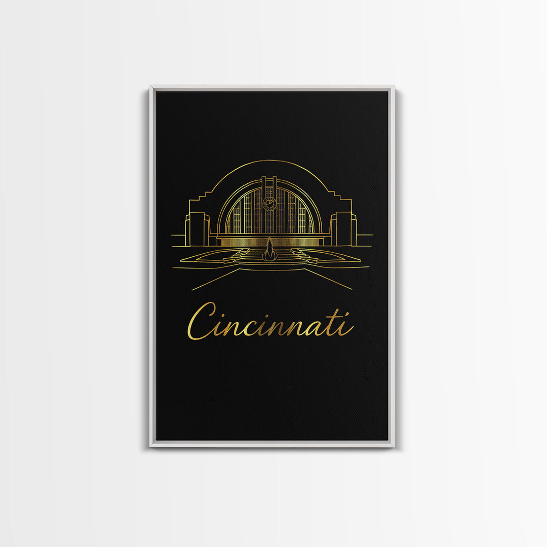 Cincinnati Ohio Travel Poster, Framed Canvas Print, Black Gold Minimalist Art, Cincinnati City Art, Fine Art Print, Living Room Wall Art
