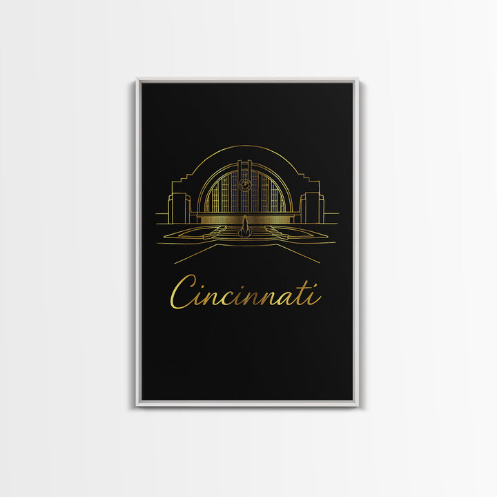 Cincinnati Ohio Travel Poster, Framed Canvas Print, Black Gold Minimalist Art, Cincinnati City Art, Fine Art Print, Living Room Wall Art