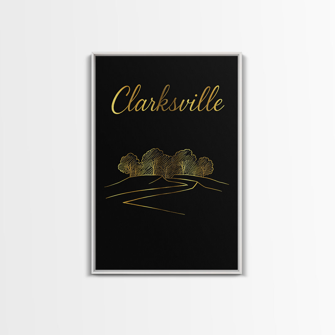 Clarksville Tennessee Travel Poster, Framed Canvas Print, Minimalist Gold Line Art, Clarksville City Art, City Art Print, Wanderlust Decor