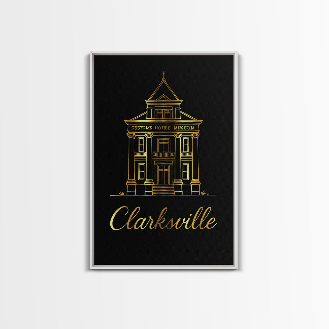 Clarksville Travel Poster, Framed Canvas Print, Gold Outline Poster Art, Clarksville Poster Print, Vintage City Art, Retro Travel Print