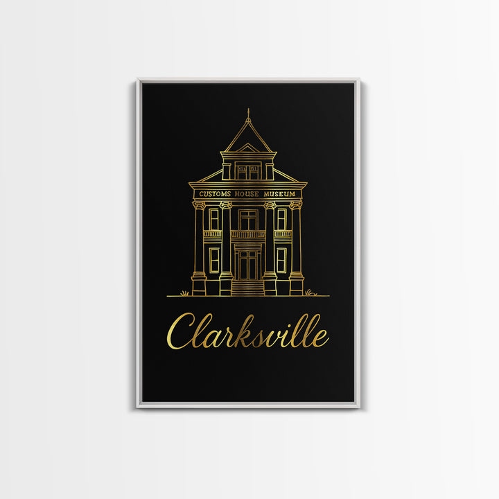 Clarksville Travel Poster, Framed Canvas Print, Gold Outline Poster Art, Clarksville Poster Print, Vintage City Art, Retro Travel Print