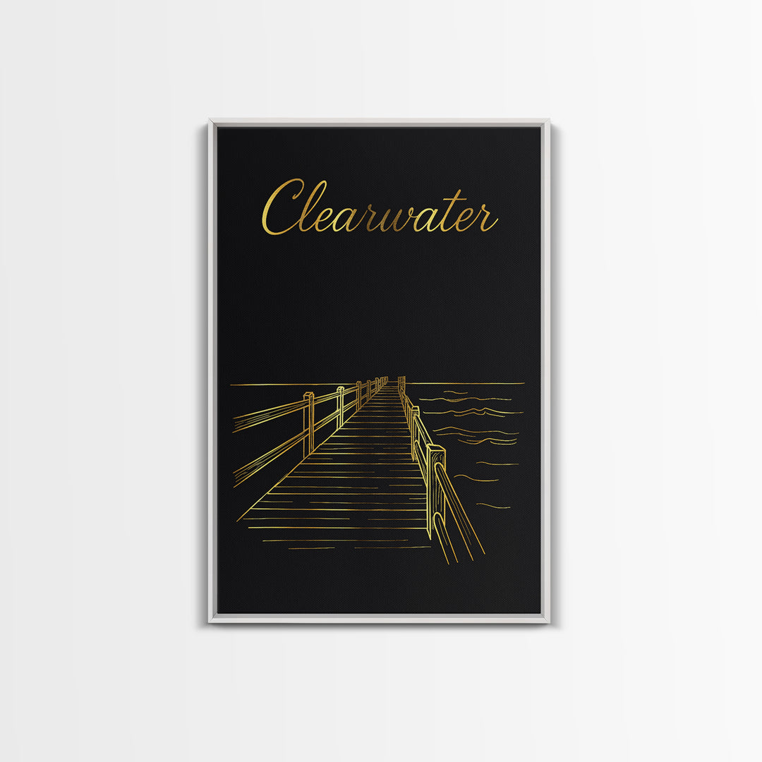 Clearwater Travel Poster, Framed Canvas Print, Gold Outline Poster Art, Clearwater Wall Art, Travel Poster Set, Modern Wall Decor
