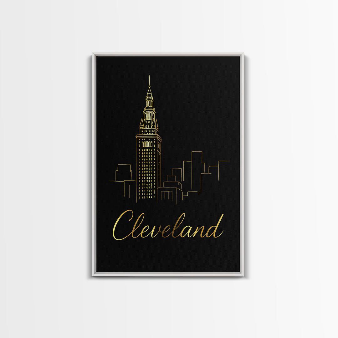 Cleveland Ohio Travel Poster, Framed Canvas Print, Minimalist Gold Line Art, Cleveland City Art, Fine Art Print, City Travel Prints