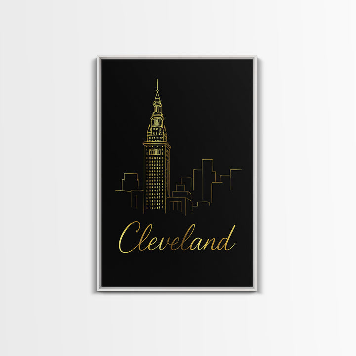 Cleveland Ohio Travel Poster, Framed Canvas Print, Minimalist Gold Line Art, Cleveland City Art, Fine Art Print, City Travel Prints