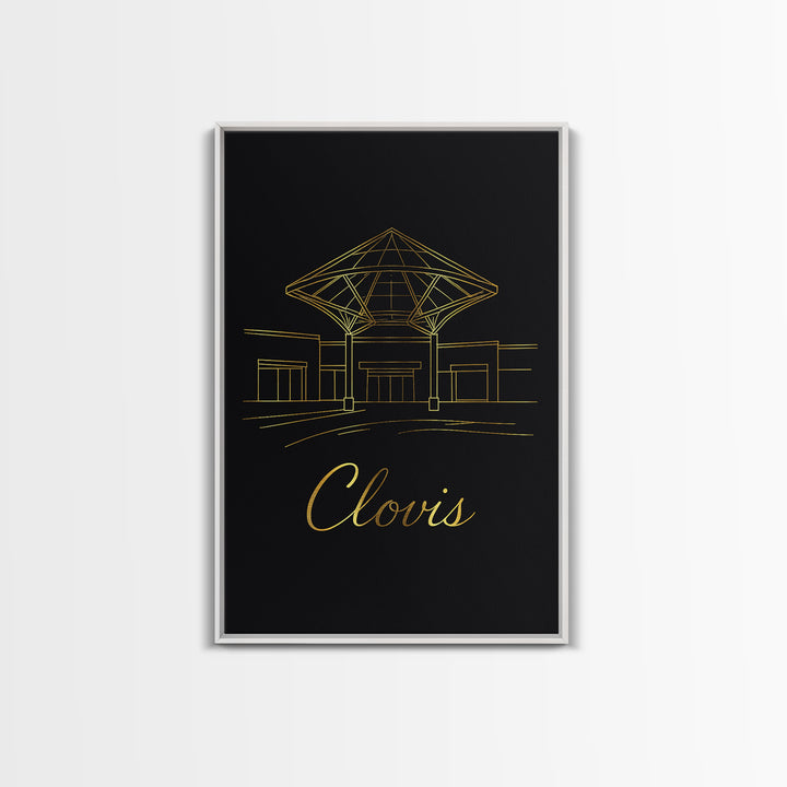 Clovis Travel Poster, Canvas Print, Gold Outline Poster Art, Clovis Travel Art, City Art Print, Mid Century Wall Art, Watercolor Skyline