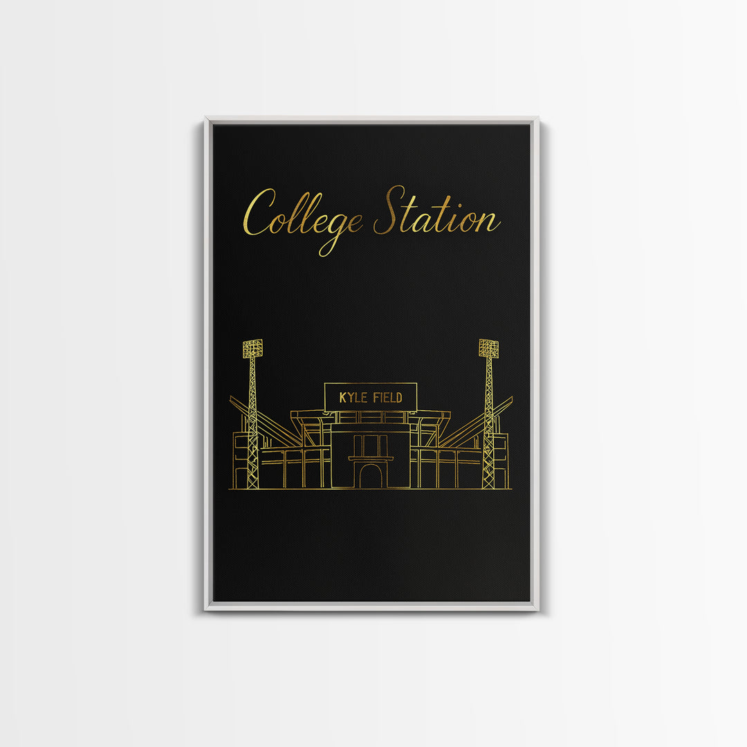 College Station Travel Poster, Framed Canvas Print, Minimalist Gold Line Art, College Station Travel Art, Watercolor Skyline