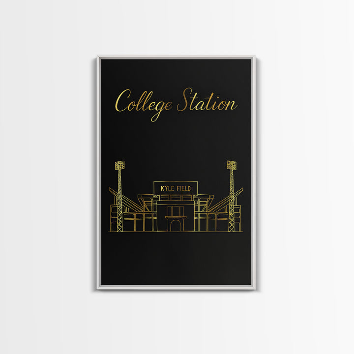 College Station Travel Poster, Framed Canvas Print, Minimalist Gold Line Art, College Station Travel Art, Watercolor Skyline